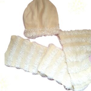 Girls matching beanie & scarf ivory cream fuzzy